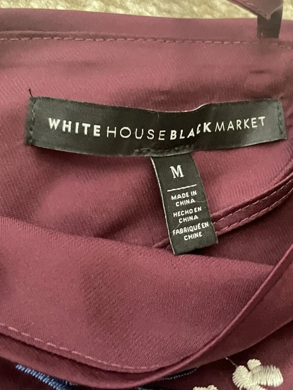 White House Black Market Embroidered Blouse Size M | Burgundy Floral Top - Picture 3 of 6